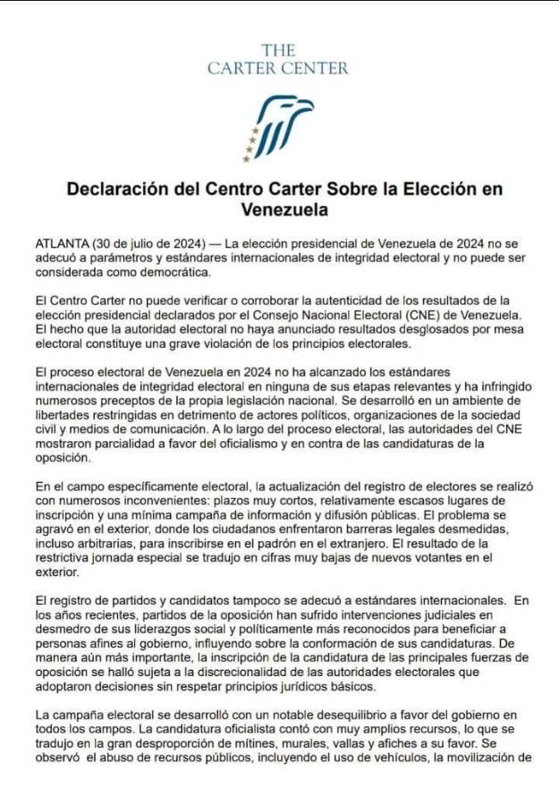 Centro Carter: Elección presidencial en Venezuela “no puede ser considerada democrática”
