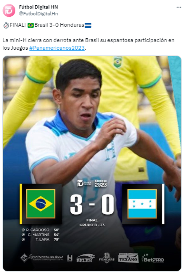 Futbol Digital Hn: “La mini-H cierra con derrota ante Brasil su espantosa participación en los Juegos Panamericanos2023”.