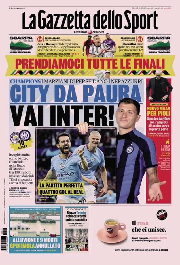 La Gazzetta dello Sport - “Los marcianos de Pep desafían a los Nerazzurri. ¡City aterrador, vamos Inter!”.