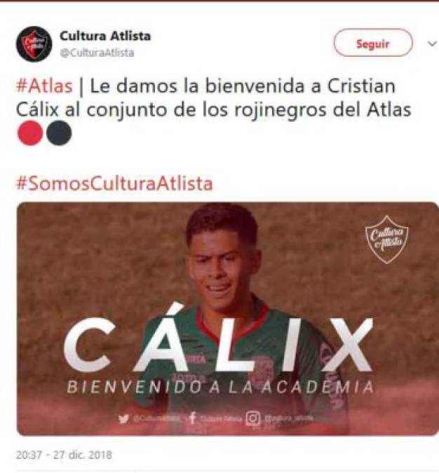 En las redes sociales los seguidores del Atlas ya le dieron la bienvenida a Cristian Cálix, la joya del futbol hondureño.
