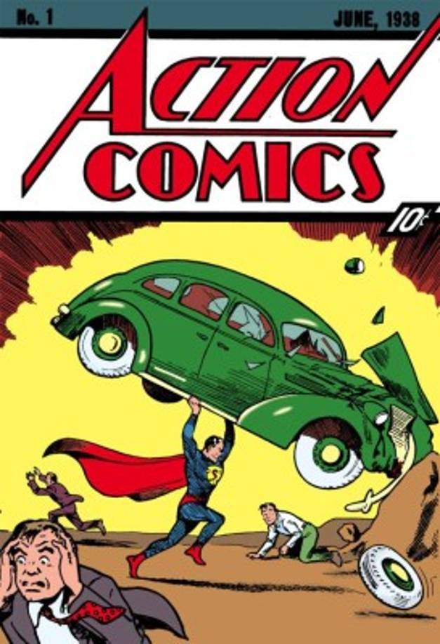 El primer número de la revista Action Comics, con fecha de portada de junio de 1938, enmarca en sus páneles la primerísima aparición del personaje. <br/>Esta historieta es tan famosa como valiosa. En noviembre de 2011, un ejemplar subastado en internet alcanzó el precio récord de 2.1 millones de dólares.