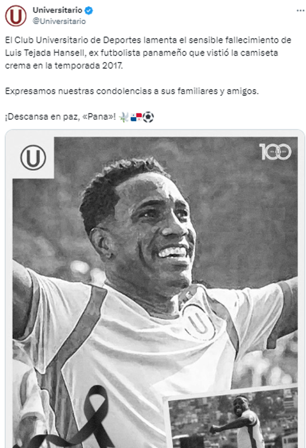 Desde club Universitario enviaron condolencias a los familiares tras el fallecimiento de Luis Tejada.