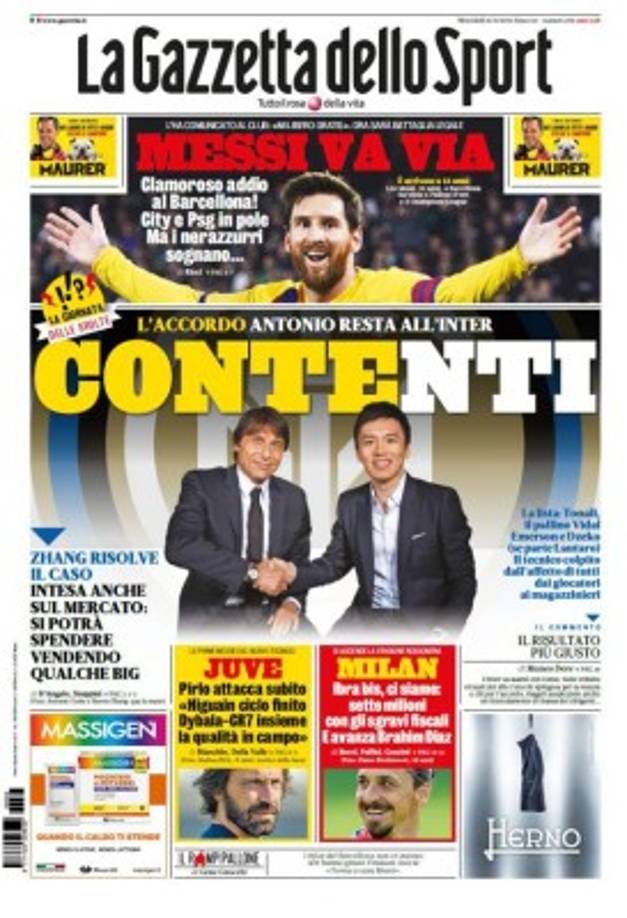 La Gazzetta dello Sport (Italia) - 'Messi se va. Rotunda despedida de Barcelona. City y PSG en la pole, pero el sueño nerazzurri'.