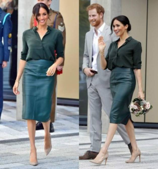 Octubre 03 de 2018<br/><br/>Para su primera visita a Sussex, en compañía de su pareja, la Duquesa lució espectacular con una falda tipo lápiz de piel firmada por Hugo Boss, combinada con una camisa verde musgo de & Other Stories.<br/><br/>
