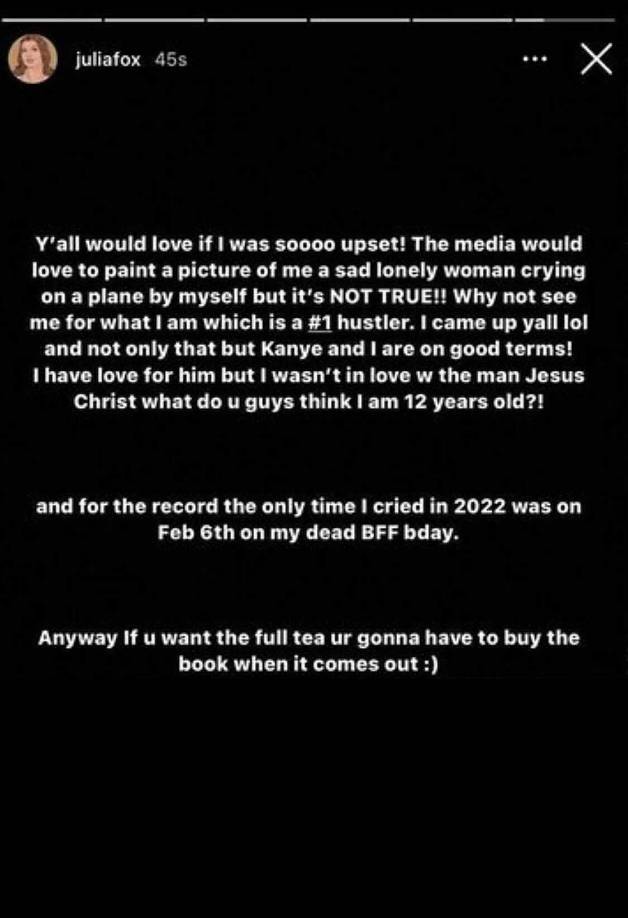 “Kanye y yo estamos en buenos términos! Tengo amor por él, pero no estaba enamorada de él. Chicos, ¿creen que tengo 12 años?”, continuó Fox en el mensaje.