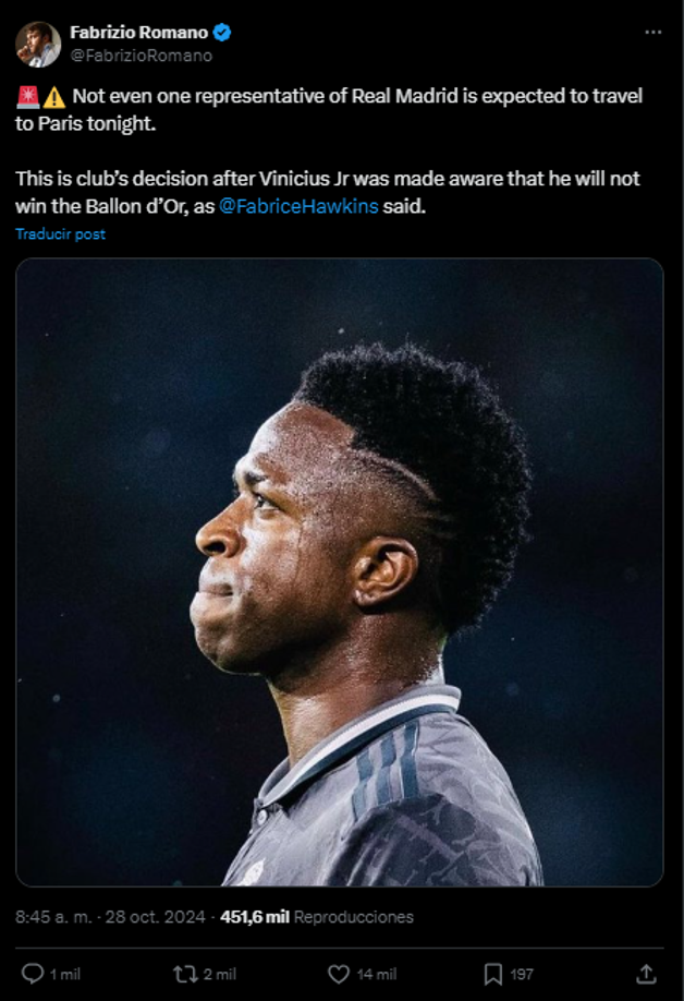Y agregó: “Esta es la decisión del club después de que Vinicius Jr fuera consciente de que no ganará el Balón de Oro”