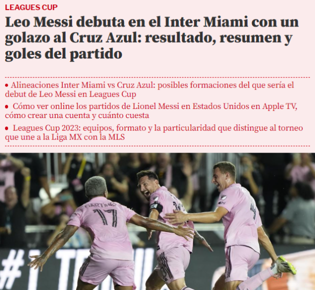 Mundo Deportivo de España: “Leo Messi debuta en el Inter Miami con un golazo al Cruz Azul”.