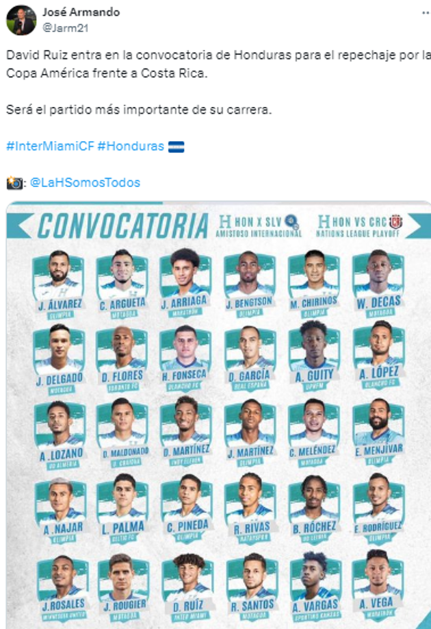 José Armando, editor de Deportes Total USA, resaltó que “David Ruiz entra en la convocatoria de Honduras para el repechaje por la Copa América frente a Costa Rica”.