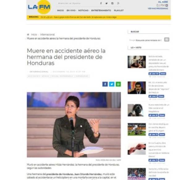 La FM de Colombia: 'Muere en accidente aéreo la hermana del presidente de Honduras'.
