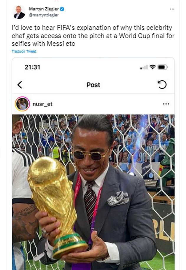 La acción de Salt Bae en el estadio Lusail fue criticada. ‘‘Me encantaría escuchar la explicación de la FIFA de por qué este famoso chef tiene acceso al campo en una final de la Copa del Mundo para selfies con Messi’’, dijo el periodista Martyn Ziegler, quien colabora para The Times.