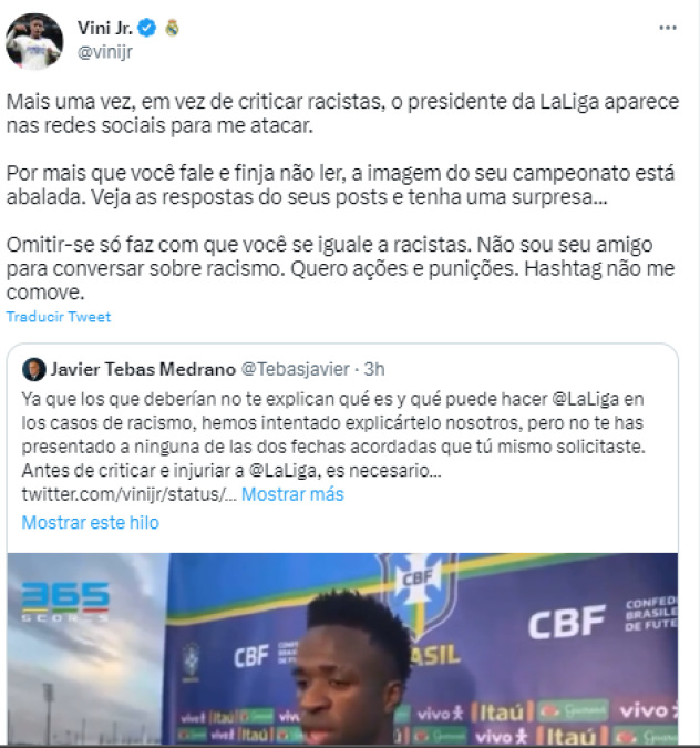 Después de esa publicación Vinicius no se quedó atrás y le respondió al presidente de La Liga: “Una vez más, en lugar de criticar a los racistas, el presidente de La Liga aparece en las redes sociales para atacarme”