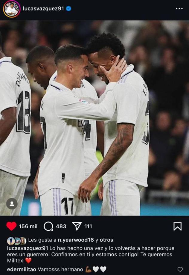 “Lo has hecho una vez y lo volverás a hacer porque eres un guerrero! Confiamos en ti y estamos contigo! Te queremos Militex”, publicó Lucas Vázquez, que sufrió un problema muscular que le obligó a ser sustituido en el descanso.