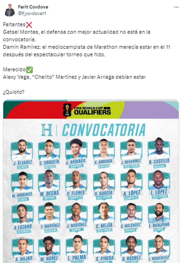 Farit Cordova señaló las ausencias en la convocatoria y los merecía: “Alexy Vega, “Chelito” Martínez y Javier Arriaga debían estar”.