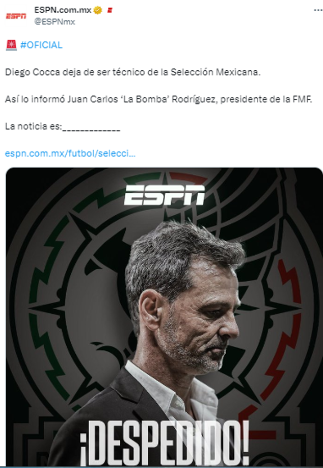 ESPN: “Diego Cocca deja de ser técnico de la Selección Mexicana”.
