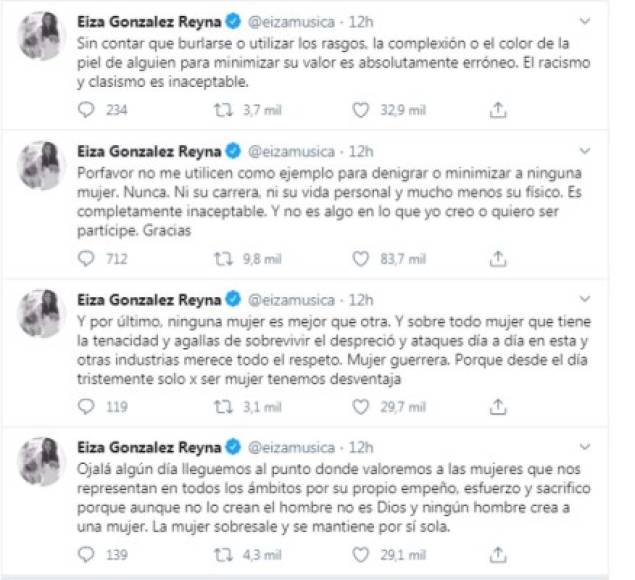 En resumen, estos son los mensajes de Eiza Gonzalez en Twitter, claramente se ha molestado por las comparaciones de sus romances con los de Belinda.