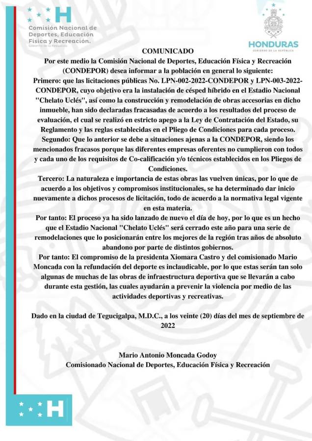 Comunicado por parte de la CONDEPOR en relación a la remodelación del Estadio Nacional ‘Chelato’ Uclés.