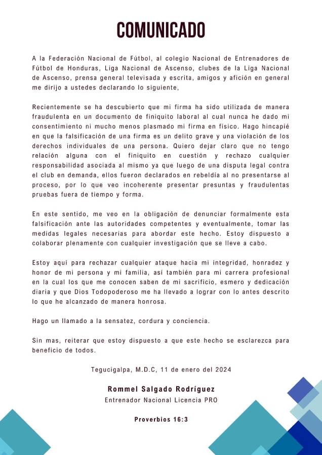 El comunicado que emitió el entrenador hondureño Rommel Salgado.