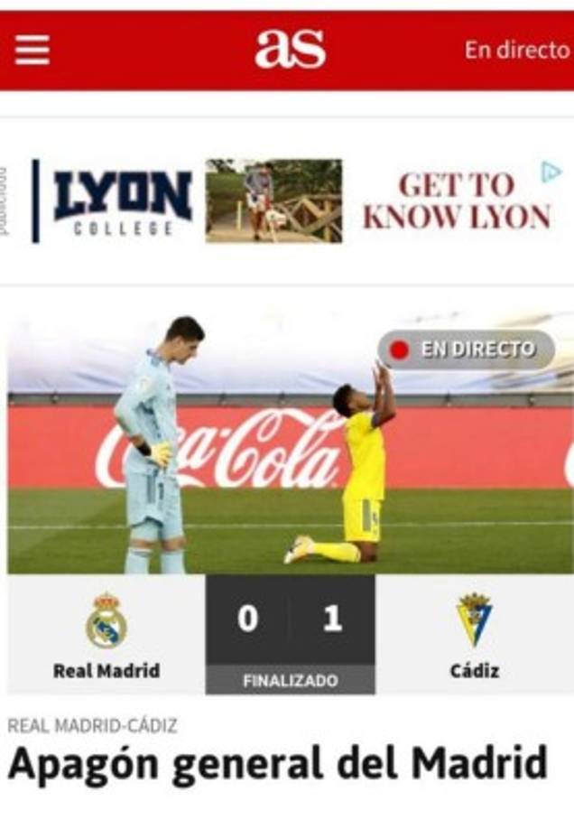 Diario AS de España señala que el Real Madrid sufrió un apagón ante el Cádiz del Choco Lozano.
