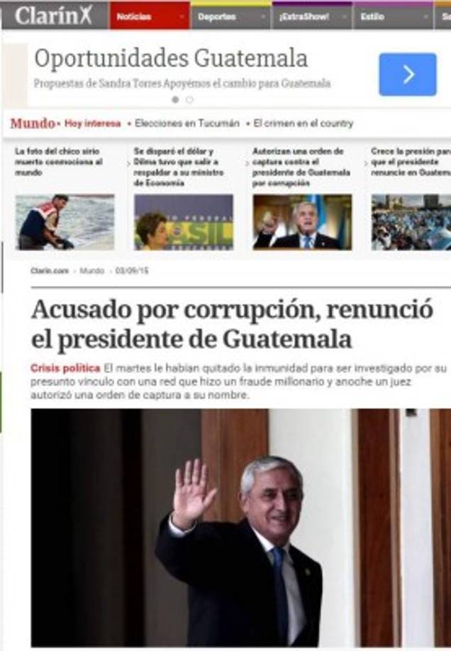 Diario Clarín de Argentina informa sobre la renuncia de Otto Pérez.