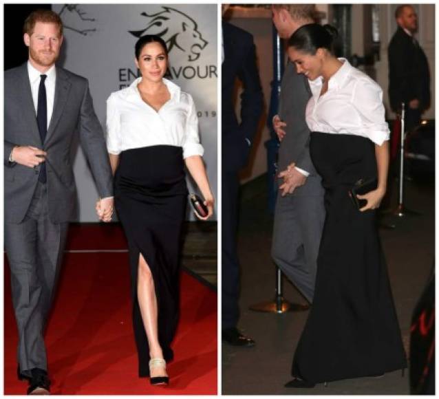 7 DE FEBRERO DE 2019<br/><br/>El duque y la duquesa de Sussex llegaron a los Premios Endeavor Fund Awards, en los cuales presidieron como jurado. Meghan llevó una falda y camisa a medida de Givenchy, zapatillas Aquazzura y un clutch negro para el evento.