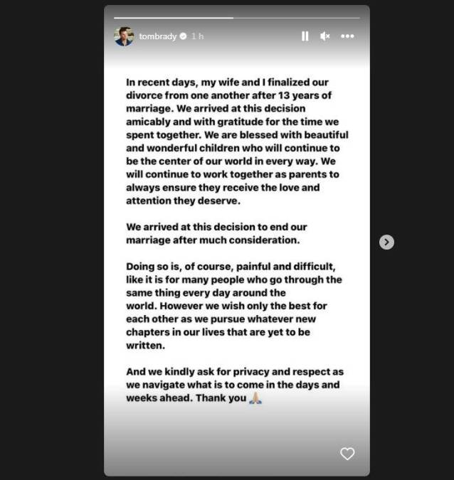 “En los últimos días, mi esposa y yo ultimamos nuestro divorcio después de 13 años de matrimonio. Hemos llegado a esta decisión de manera amistosa y con gratitud por el tiempo que pasamos juntos”, dijo <b>Brady</b> en Instagram.