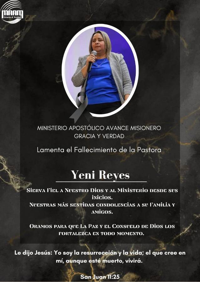 El Ministerio Apostólico Avance Misionero Gracia y Verdad lamentó la muerte de la postora.
