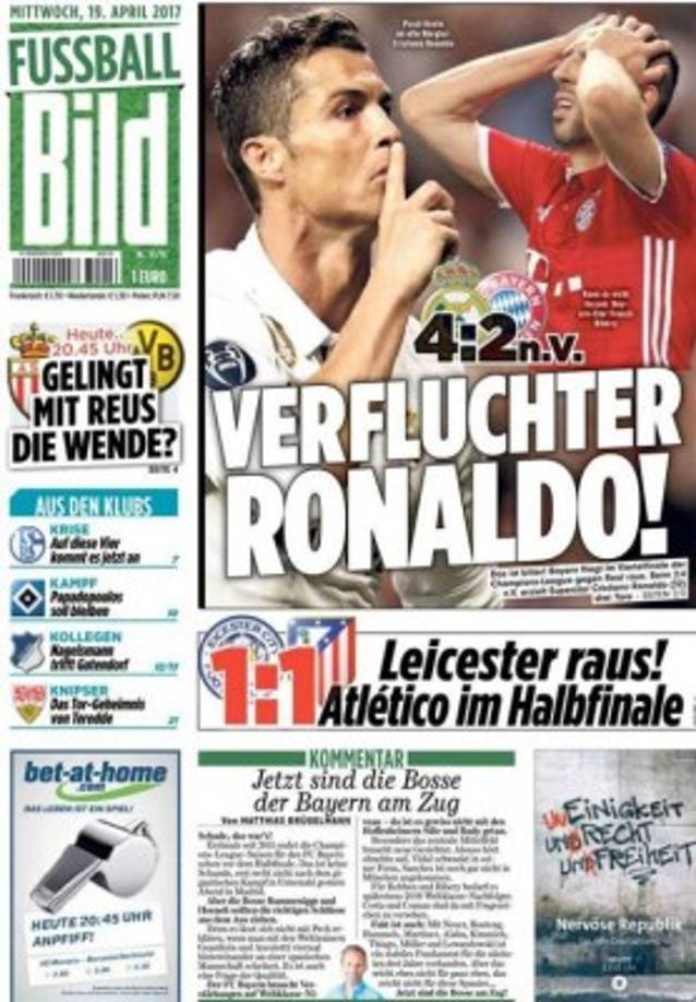 'Maldito Ronaldo', titula el diario 'Bild' en sus páginas deportivas la crónica del partido.En primera página, el mismo diario habla de una 'amarga eliminación del Bayern' y sostiene que los bávaros fueron 'noqueados por un gol en fuera de juego de Ronaldo' entendiendo que el segundo tanto del Madrid fue decisivo en la victoria final de los blancos por 4-2. 'Un gol en fuera de juego destruye el sueño del triplete', titula el mismo diario otra nota en las páginas deportiva