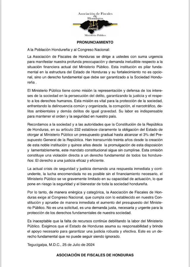 Pronunciamiento de la Asociación de Fiscales de Honduras.