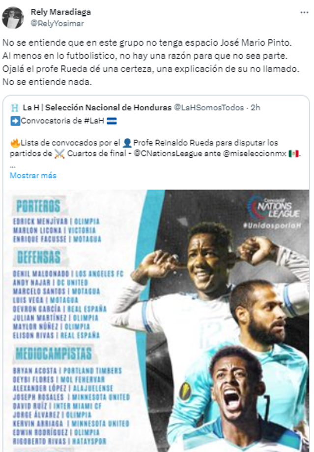 Rely Maradiaga sobre la ausencia de Pinto: “No se entiende que en este grupo no tenga espacio José Mario Pinto. Ojalá el profe Rueda dé una certeza, una explicación de su no llamado”.