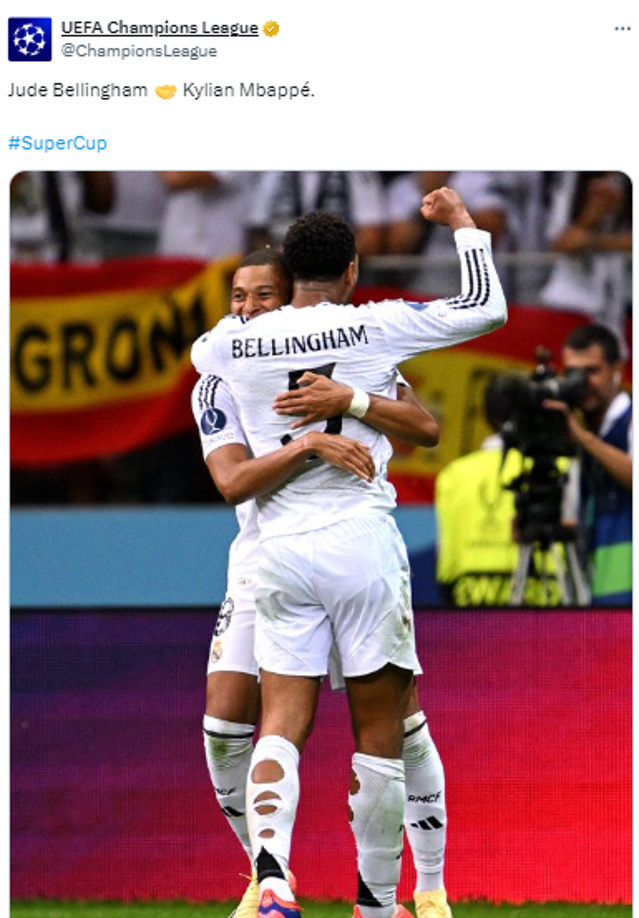 La UEFA también replicó el festejo de Mbappé con Bellingham tras su gol.