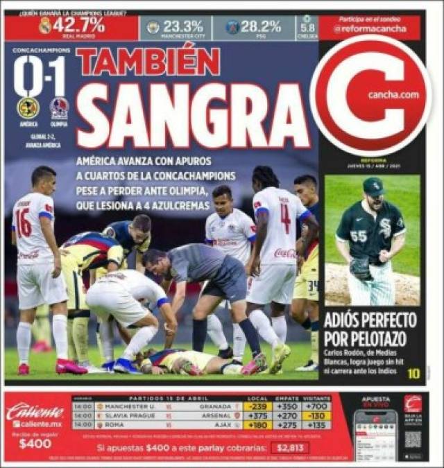 Cancha de México - “También sangra. América avanza con apuros a cuartos de la Concachampions pese a perder ante Olimpia, que lesiona a 4 azulcremas“.