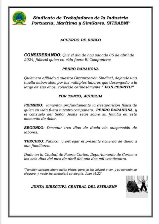 Acuerdo de duelo de SITRAENP por la muerte de Pedro Barahona.