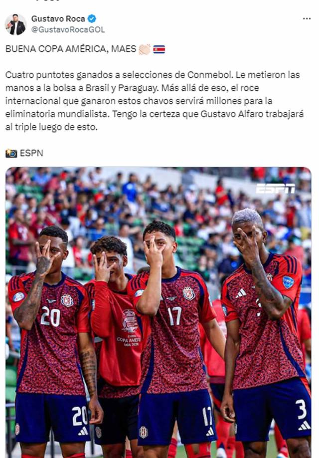 “Buena Copa América, maes”: Gustavo Roca, periodista de Diario Diez, alabó el trabajo de la Selección de Costa Rica.