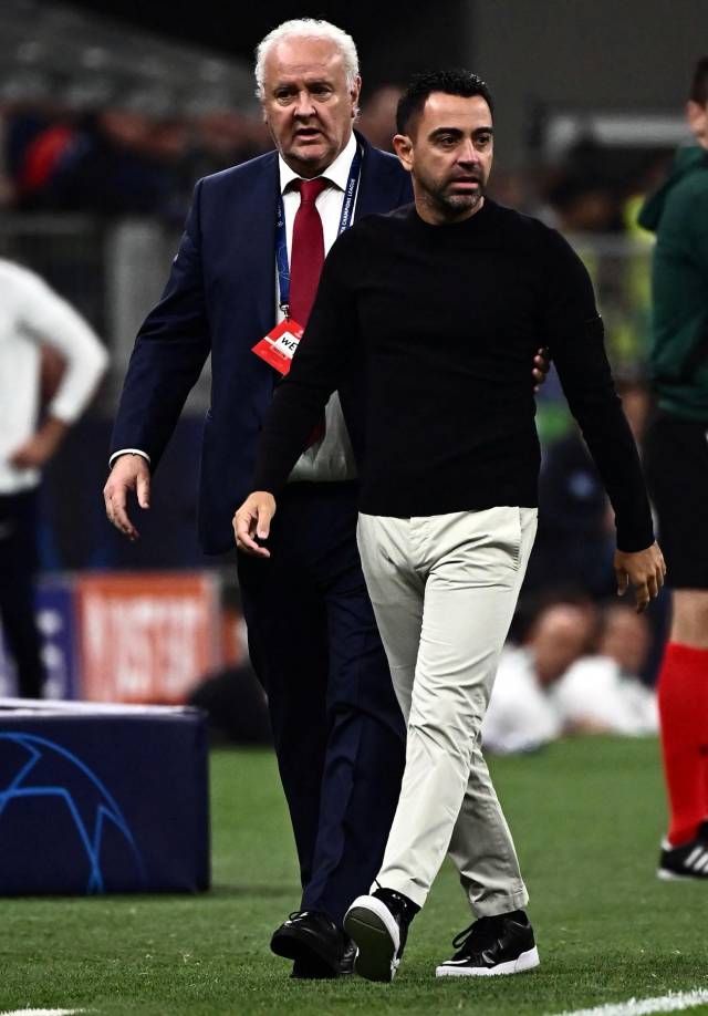 El cabreo de Xavi Hernández con el arbitraje del esloveno Slavko Vincic.