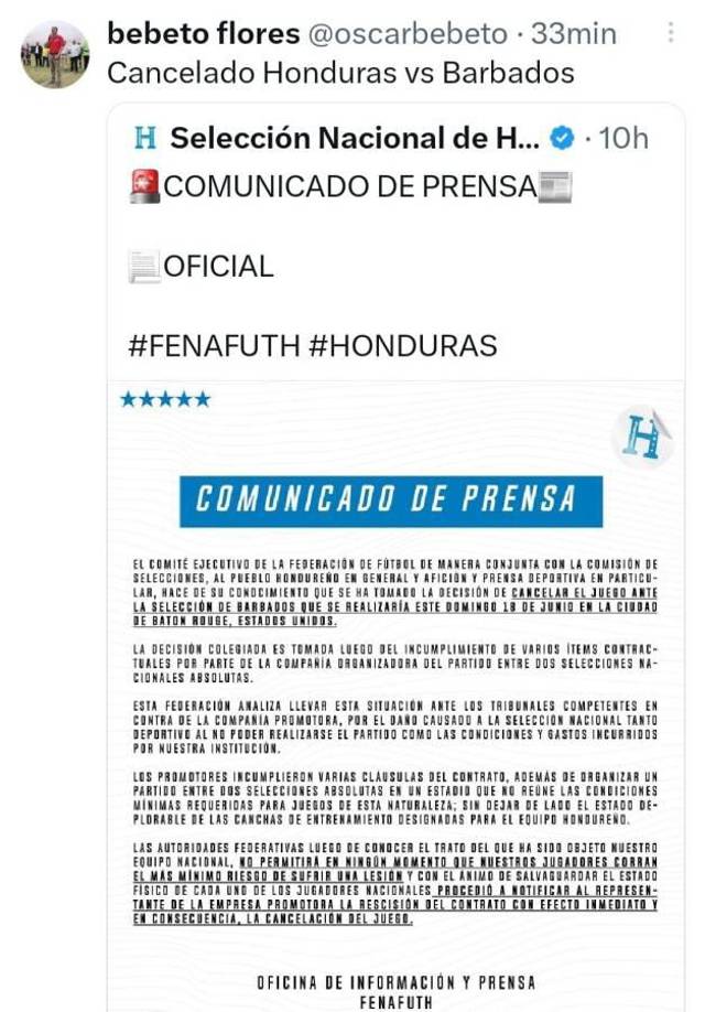 Bebeto Flores, periodista de San Pedro Sula, también comunicó la noticia sobre la cancelación del amistoso.