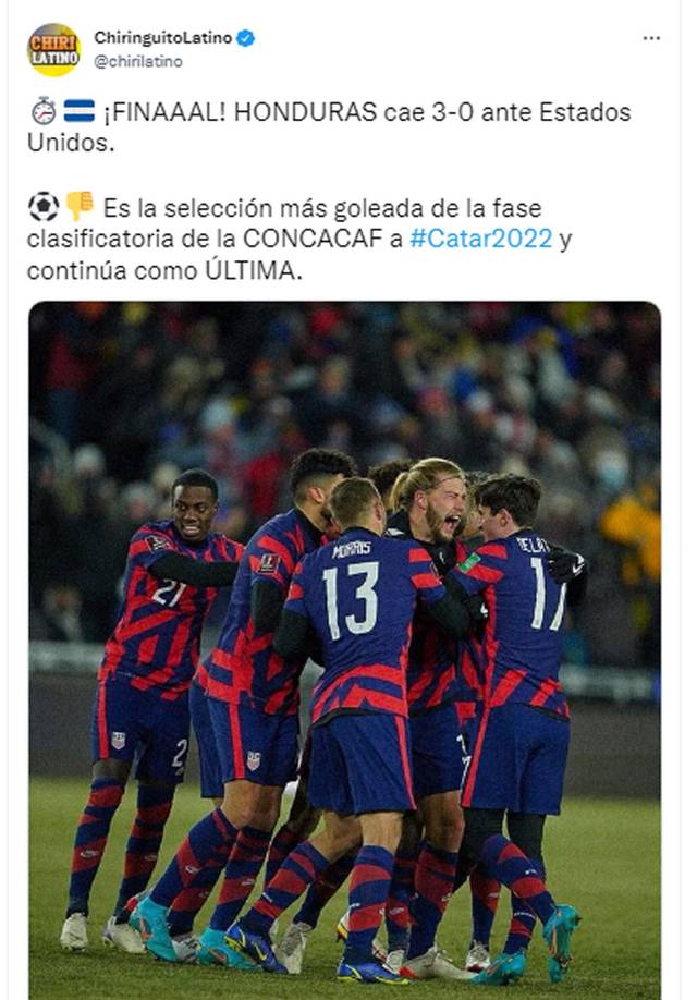 En El Chiringuito destacaron la dolorosa derrota de la Bicolor. “Honduras cae 3-0 ante Estados Unidos. Es la selección más goleada de la fase clasificatoria de la Concacaf a Qatar2022 y continúa como última”, señalan.