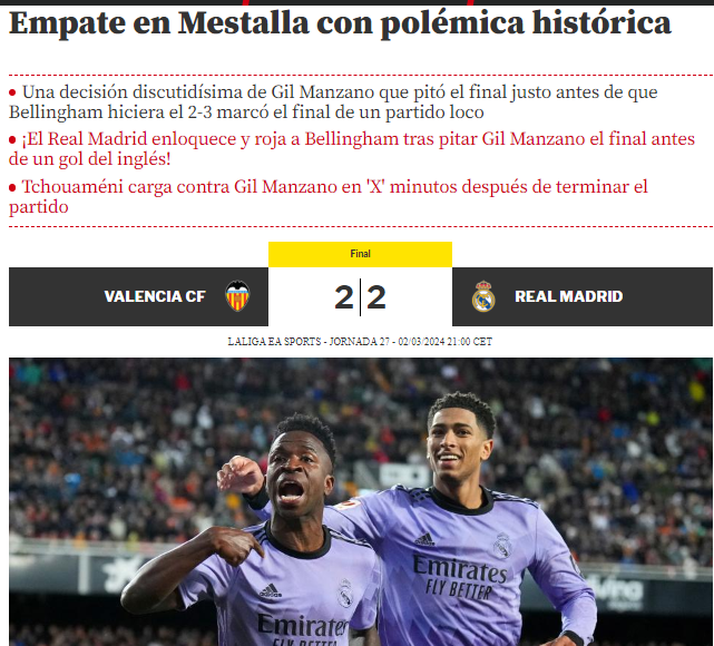 Mundo Deportivo de España: “Empate en Mestalla con polémica histórica”.