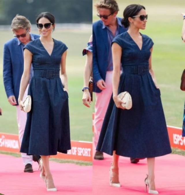 26 de junio de 2018<br/><br/>Para un juego de Polo, Meghan uso un Carolina Herrera en 'denim' azul 'navy' con cinturón y falda midi. Sin duda, uno de los momentos memorables de su guardarropa pues logró coordinar la formalidad de la realeza con un toque juvenil y 'chic'. <br/><br/>