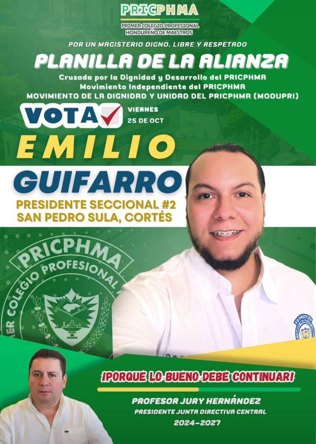 Arte visual sobre las elecciones del PRICPHMA que muestran a Emilio Guifarro y Jury Hernández candidatos a presidentes.