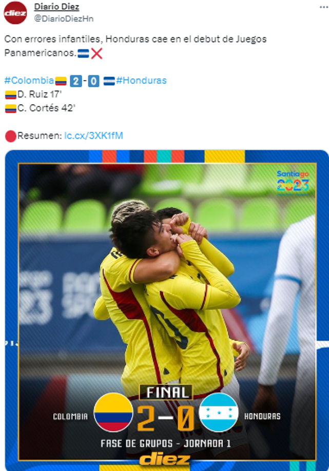 Diario Diez: “Con errores infantiles, Honduras cae en el debut de los Juegos Panamericanos”.