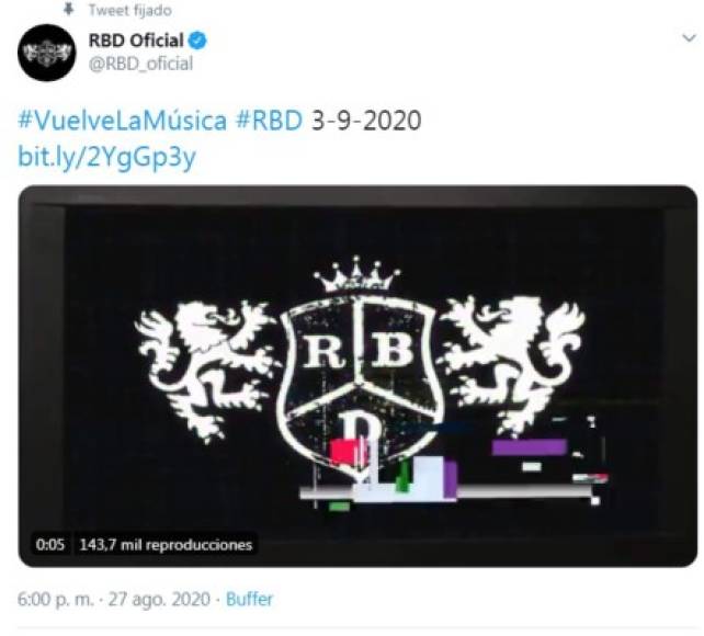 '#VuelveLaMúsica #RBD 3-9-2020', se pudo leer en el perfil de Twitter de la banda.<br/>