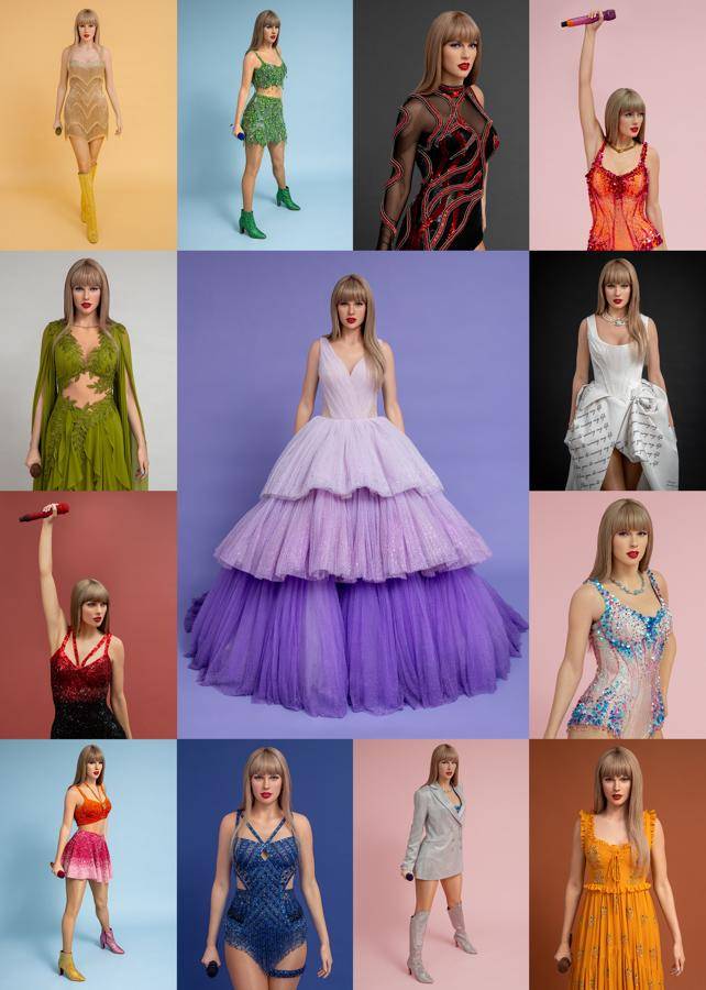 Fotografía sin fecha cedida por el museo Madame Tussauds de 13 figuras de cera de la cantante Taylor Swift, creadas en conmemoración de los momentos icónicos de su gira mundial, Eras Tour.