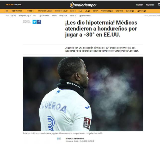 Medio Tiempo de México dio a conocer el sufrimiento de jugadores de Honduras. “¡Les dio hipotermia! Médicos atendieron a hondureños por jugar a -30° en EE.UU”.