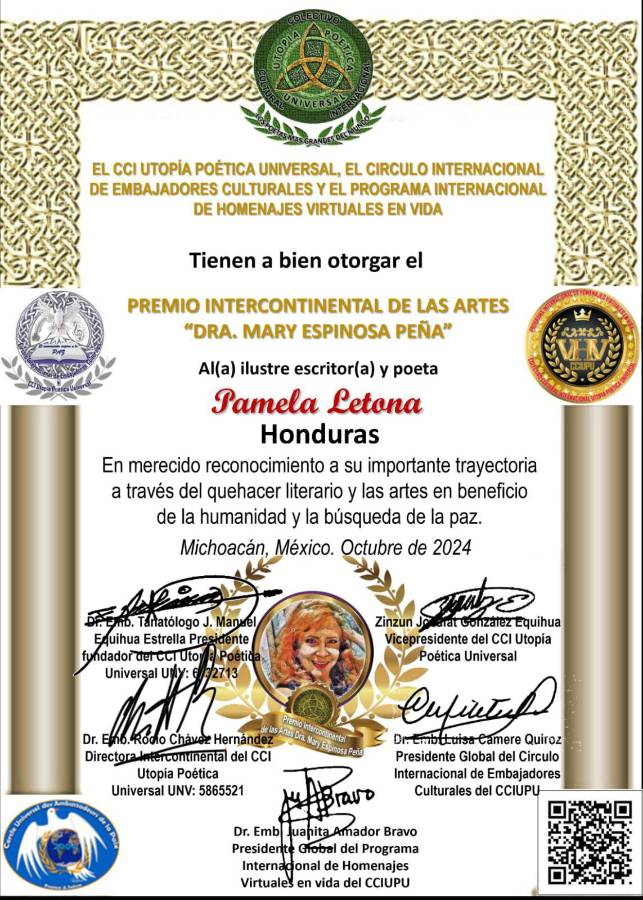 Premio Intercontinental de las Artes “Dra. Mary Espinosa Peña”, en honor a Pamela Letona.