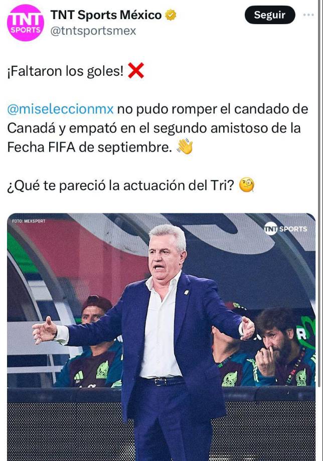 TNT Sports México: ¡Faltaron los goles! México no pudo romper el candado de Canadá y empató en el segundo amistoso de la Fecha FIFA de septiembre”.