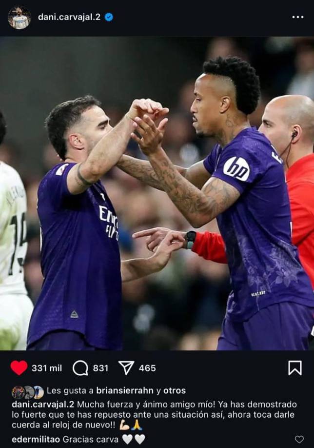 “¡Mucha fuerza y ánimo amigo mío! Ya has demostrado lo fuerte que te has repuesto ante una situación así, ahora toca darle cuerda al reloj de nuevo”, publicó el capitán Dani Carvajal que se encuentra en la misma situación tras ser operado de una grave lesión de rodilla.