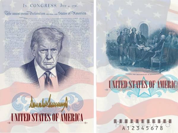 Imagen difundida por el Departamento de Estado de EE. UU. muestra un pasaporte con el rostro de Donald Trump, la Declaración de Independencia y su firma dorada, junto a los Padres Fundadores.