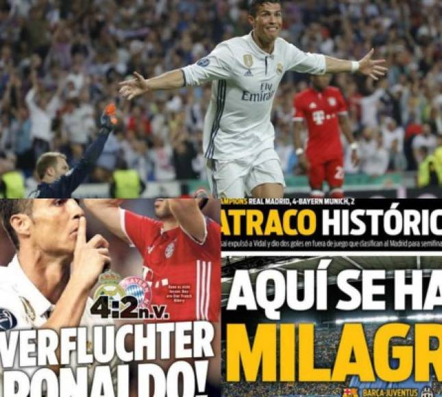 El Real Madrid y Cristiano Ronaldo son protagonistas hoy en las diferentes portadas tras el triunfo de 4-2 del club blanco ante Bayern Múnich en donde los españoles sellaron su pase a semifinales. En Alemania han llegado al extremo de maldecir a CR7.