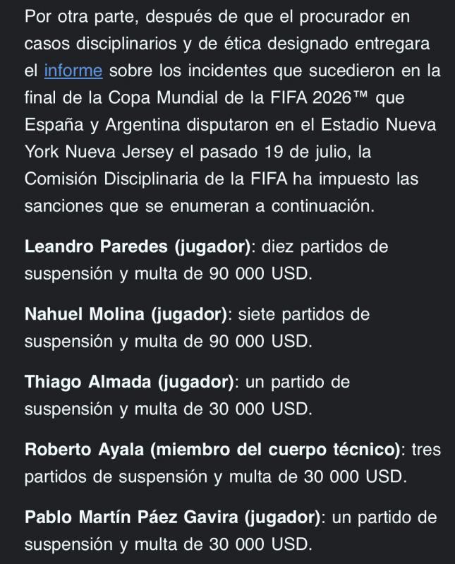 FIFA no tuvo piedad e impone severos castigos a Argentina y Leandro Paredes