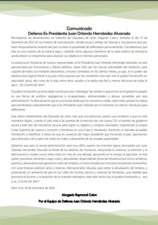 El comunicado íntegro de la defensa firmado por Raymond Colón, abogado de JOH. 